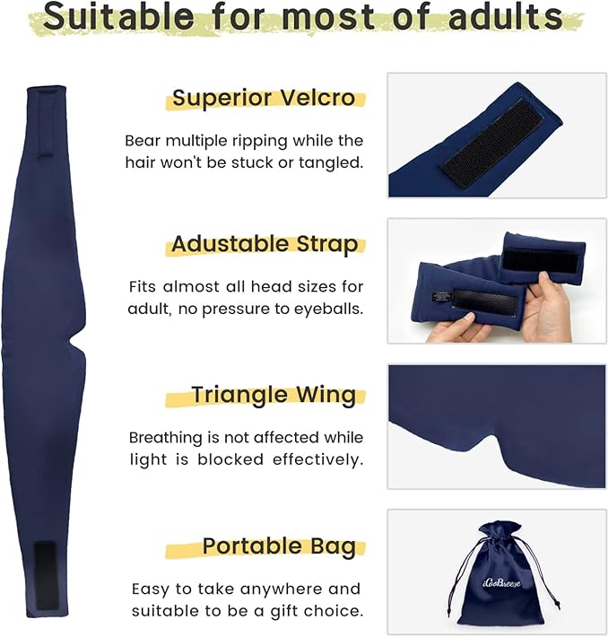 100% Handmade Bamboo Sleeping Eye Mask for Women for Men,Night Masks,Organic Sleep Mask,Blockout Eye Mask for Sleeping,Large Size Adjustable (Navy Blue)