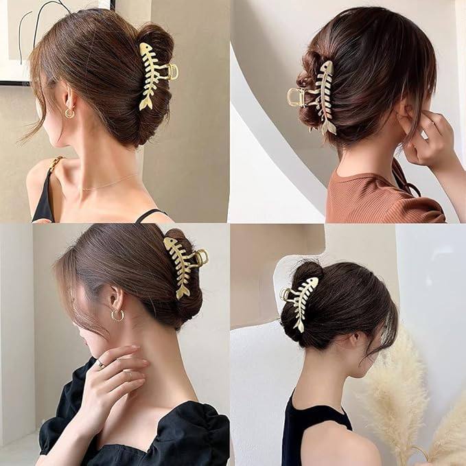 Hair Jaw Claw Clips Fish Bone Shape Large Metal Gold Fashion Nonslip Hairpin Catch Clip Accessories for Thick/Thin Hair HairStyling (Gold)