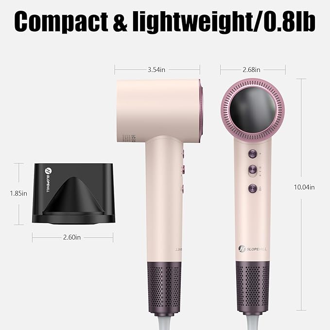 (OUTLET)slopehill 110,000 RPM Professional Hair Dryer - 0.8lb Ultra-Lightweight, 2 Billion Ion Technology for 98% Frizz Reduction, AI Smart-Temp Control, Magnetic Attachments for All Hair Types (Pink)