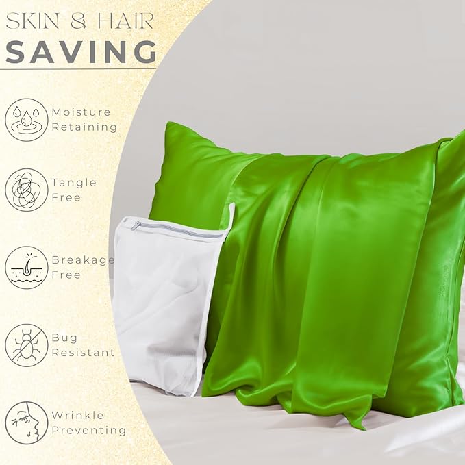 PROMEED 23 Momme Silk Pillowcases 2pcs Set Queen, Mulberry Silk Pillow Case Set of 2, Ultra Soft Silk Pillowcase for Hair and Skin (Queen 20"x30", Green)