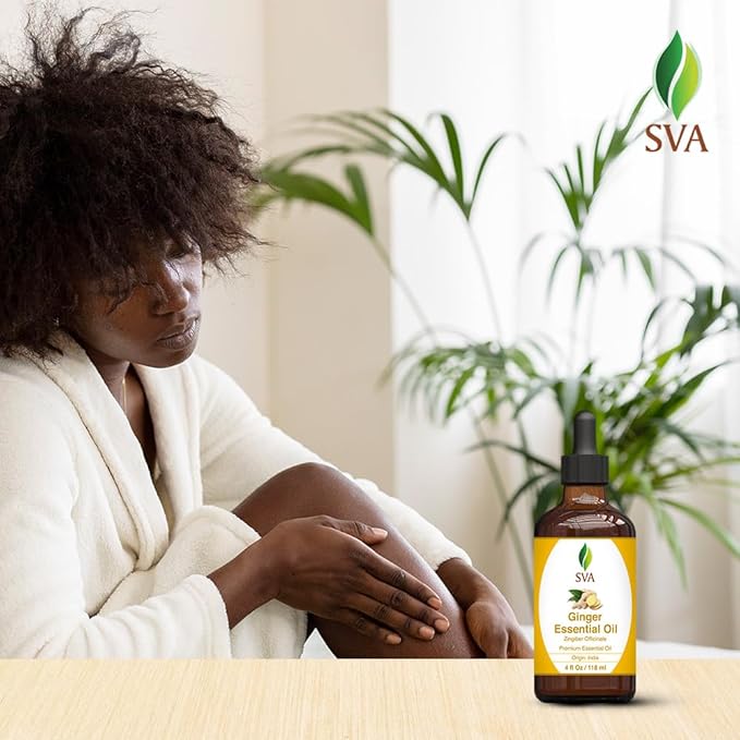 SVA Ginger Essential Oil – 4 Fl Oz – 100% Natural Ginger Oil - for Diffuser, Hair Care, Face, Skin Care, Aromatherapy, Scalp and Body Massage, Soap and Candle Making – with Dropper