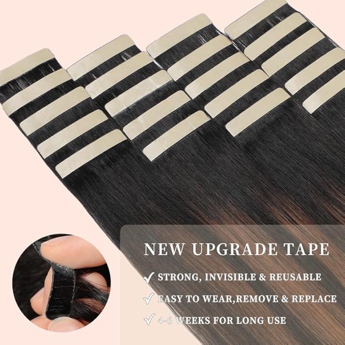 22 Inch Tape in Hair Extensions Human Hair 20pcs Balayage Natural Black to Chestnut Brown Remy Human Hair Extensions Tape in(1B/1B/6#, 22 Inch)