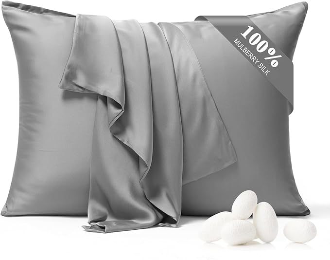 100% Pure Silk Pillowcase 2 Pack for Hair and Skin, Both Sides 23 Momme Grade 6A+ Mulberry Silk Pillowcases with Hidden Zipper, Soft&Smooth Cooling Pillow Cases (Gray, King 20x36)