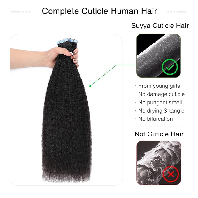 SUYYA Kinky Straight Natural Black Tape in Real Human Hair 16 Inch Skin Weft 40g/Pack 20PCS Tape in Extensions for Women (#1B Natural Black)