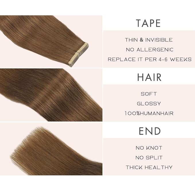 Human Hair Tape in Extensions, Medium Brown Hair Extensions Real Human Hair 22 Inch 20pcs Remy Straight Tape ins Invisible Tape in Hair Extensions Human Hair (10#,22 Inch)