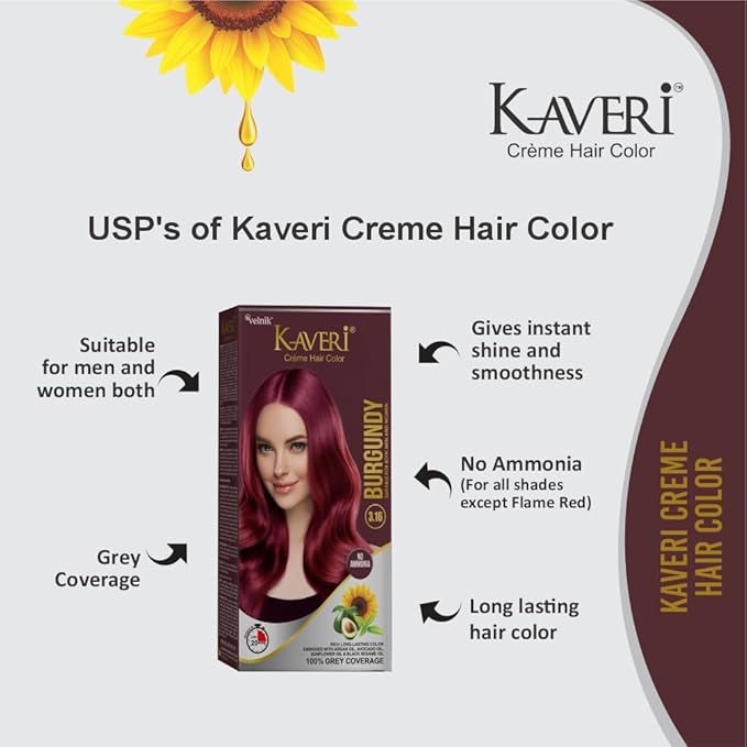 Kaveri Creme Hair Color Permanent Hair Dye Color - With Improved Creme Formula for Gray Coverage Ammonia Free Hair Color Dye for Rich Bright Long lasting (Burgundy, 3.04 Fl Oz) - Pack Of 3