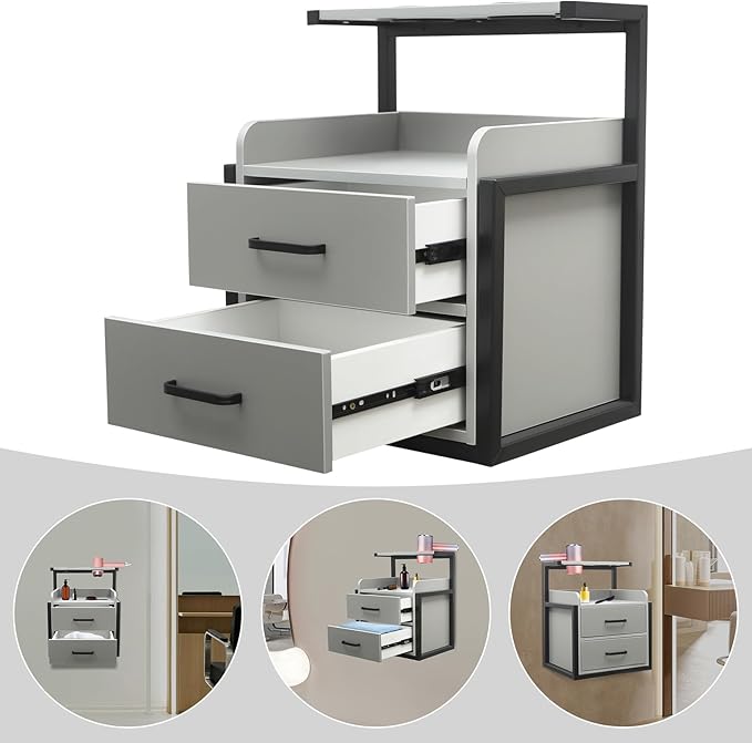 Suspended Salon Station for Hair Stylist, Wall Mounted Styling Salon Station Storage Cabinet w/2*Drawers &Hair Dryer Stand,Floating Nightstand Stylist Storage Cabinet for Home (Black+Gray)