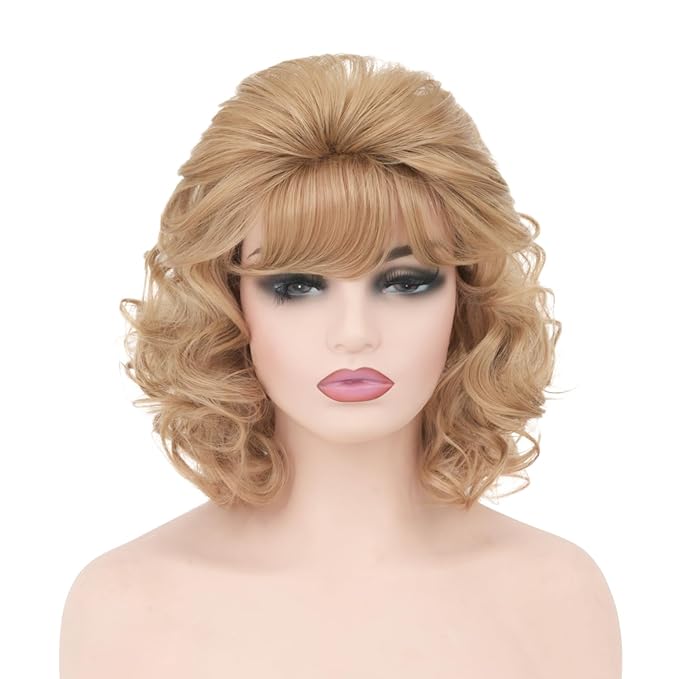 Short Blonde Wig with Hair Bangs Women's Curly Wavy Heat Resistant Synthetic Blonde Hair Wigs for Women