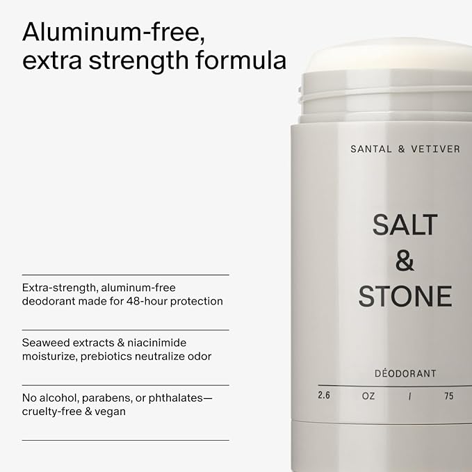 SALT & STONE Aluminum Free Deodorant | Extra Strength 48 Hour Protection for Women & Men | Made with Seaweed Extracts, Shea Butter & Prebiotics (Santal & Vetiver)