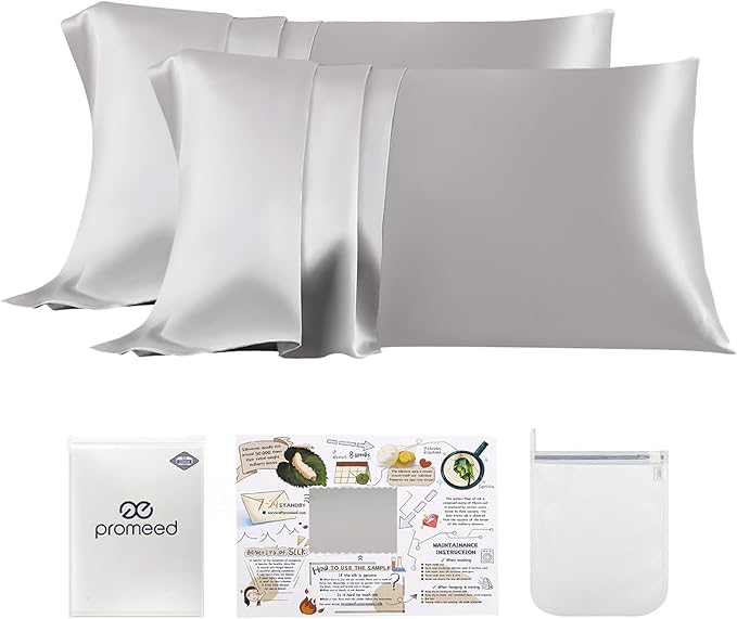 PROMEED 23 Momme Silk Pillowcase 2 Pack with Zipper, 3rd Gen Grade 6A+ 100% Mulberry Silk Pillow Case Set of 2, Cooling Pillow Cases for Hot Sleepers (King 20"x36", Light Grey)