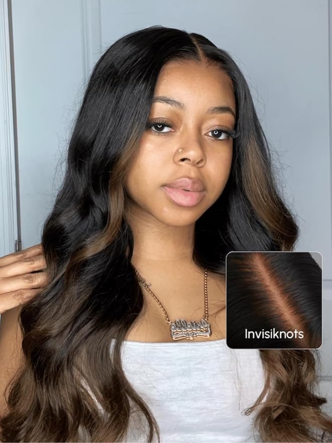 YIROO Bye Bye Knots Glueless Wig Highlight Ombre Chestnut Brown Loose Wave Lace Front Wig Pre Plucked Pre Bleached Pre Cut 7x5 HD Lace Closure Wig Put on and Go Ready to Wear Wig 150% Density 18inch