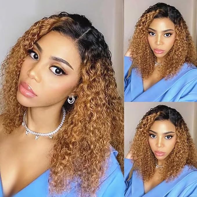 Ombre Curly Bundles Human Hair Honey Blonde Bundle Niegmeag Virgin Soft and Silky Remy Hair 3 Bundles 12 14 16 Inch 4/27 Kinky Curly Bundle Hair Weave