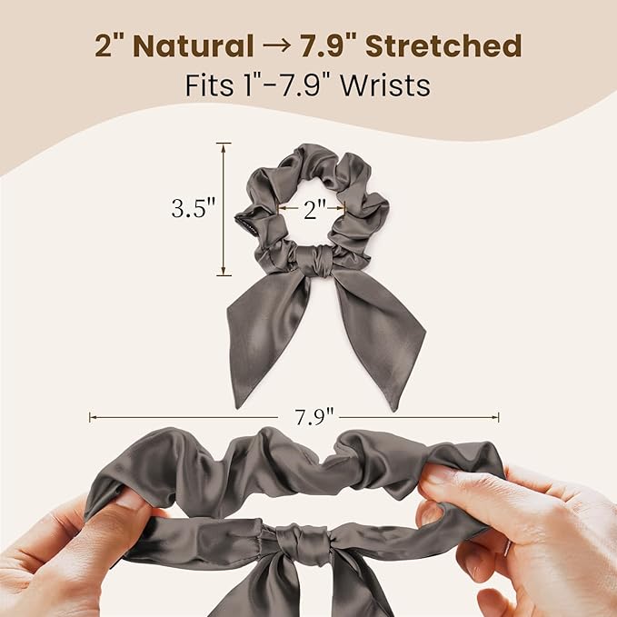 THXSILK 100% Mulberry Silk Bow Scrunchies 3-Pack, 22 Momme Mulberry Silk Hair Ties for Women, Cute Bunny Ear No Damage Ponytail Holders, Fashion Hair Accessories for Girls(M, Dark Grey)