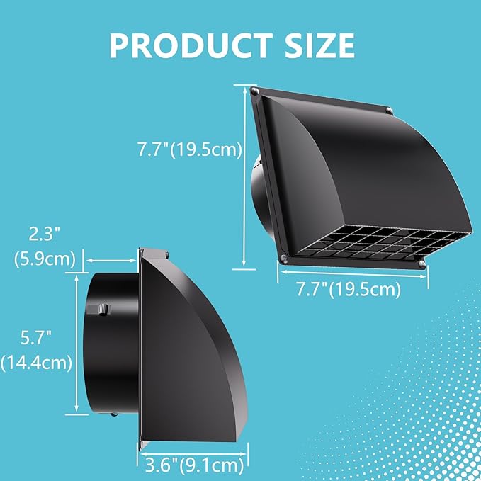 6 Inch Exhaust Vent Cover, HG Power Metal Dryer Vent Cover Outside with Removable Screen & Cushioned Non Return Flap, Air Wall Vent for House, AC, Opening Diameter: 5.7" Black