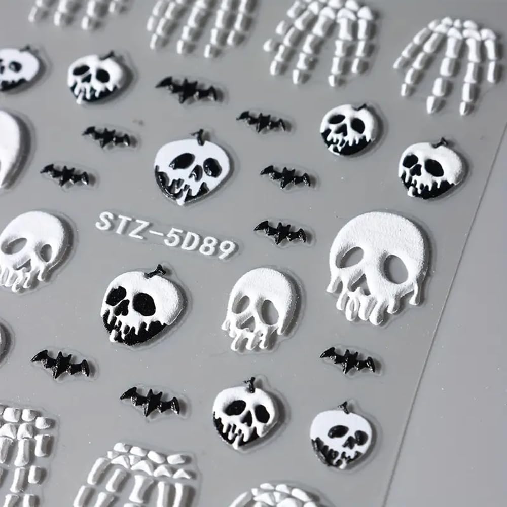 2 Pcs Halloween Nail Art Stickers 5D Embossed Scary Skull Self-Adhesive Nail Decals Halloween Stickers Bat Bones of The Dead Designs Nail Decorations Holiday DIY Acrylic Nail Accessories for Women