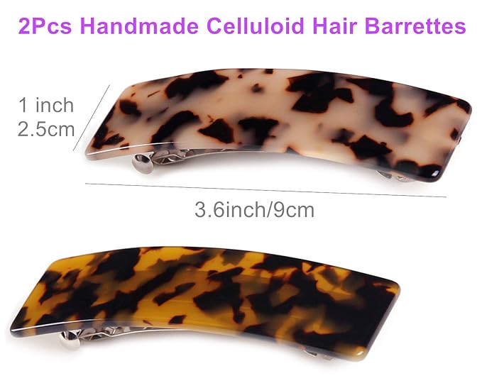 2PCS Hair Barrettes Tortoise Shell French Design Celluloid Rectangle Hair Clips for Women