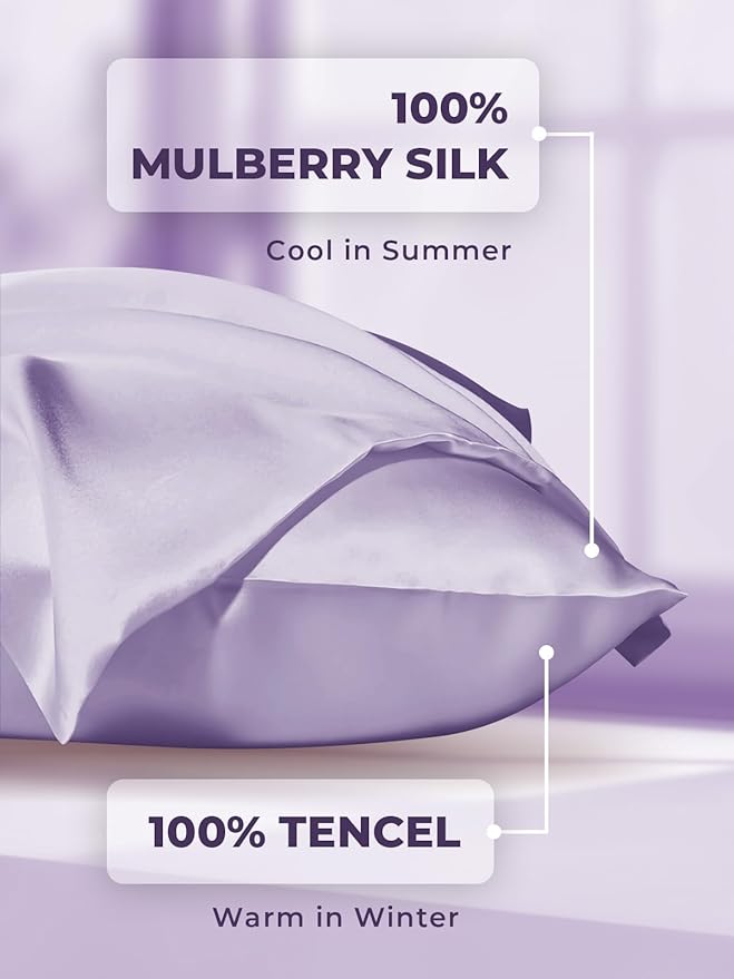 Mulberry Silk Pillowcase for Hair and Skin, SGMSILK 22 Momme Natural Silk Pillow Cases with Zipper, 6A Soft and Smooth Single Sided Pure Silk Pillow Cover (Light Purple, Queen 20"x30")