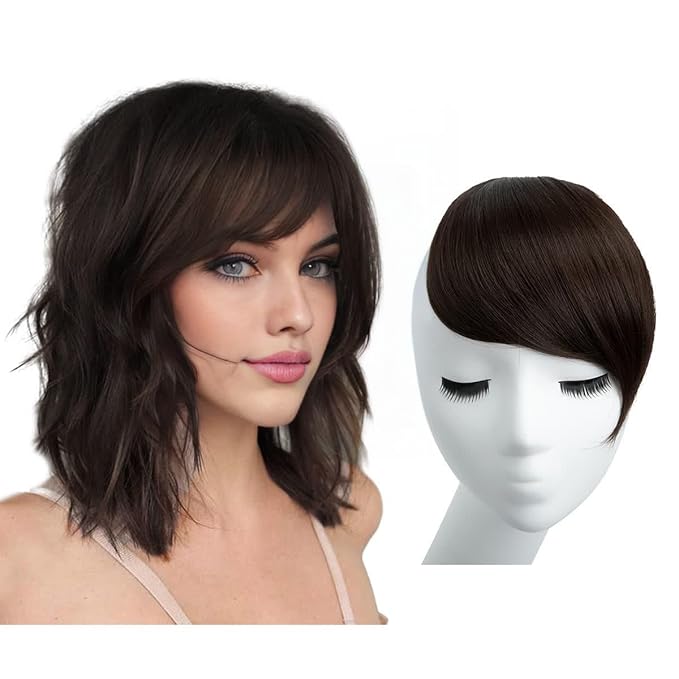 SARLA Side Bangs Dark Brown Clip in Synthetic Hair Pieces Straight Fake Bangs Extensions for Women