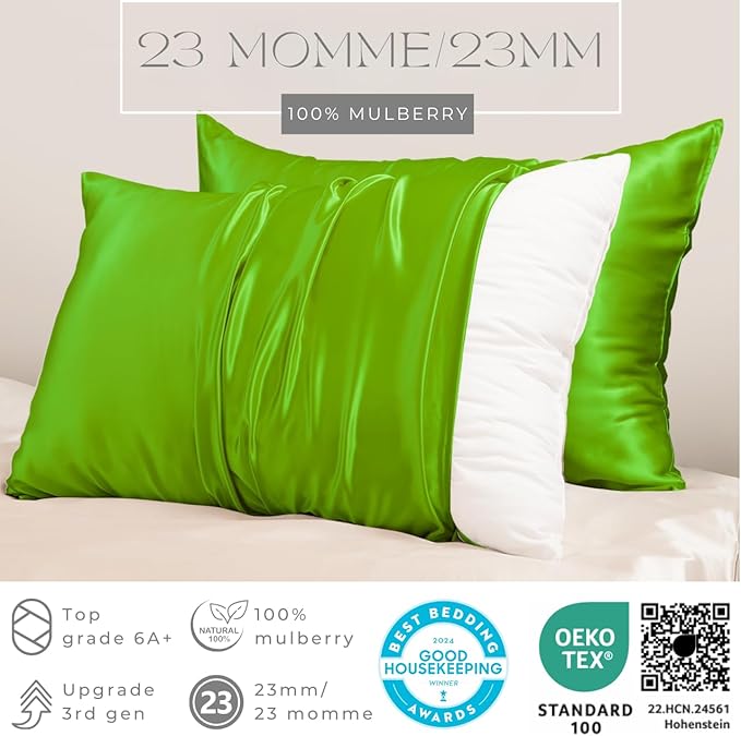 PROMEED 23 Momme Silk Pillowcase for Hair and Skin, Both Sides Upgraded Grade 6A+ Mulberry Silk Pillow Case with Zipper, Cooling Pillow Cases for Hot Sleepers (King 20"x36",Green)