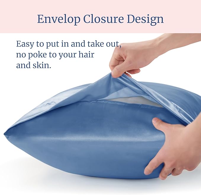 BEDELITE Satin Pillowcase for Hair and Skin, Super Soft and Cooling Similar to Silk Pillow Cases 2 Pack with Envelope Closure, Gift for Women Men(20"x30" Queen Size, Airy Blue)