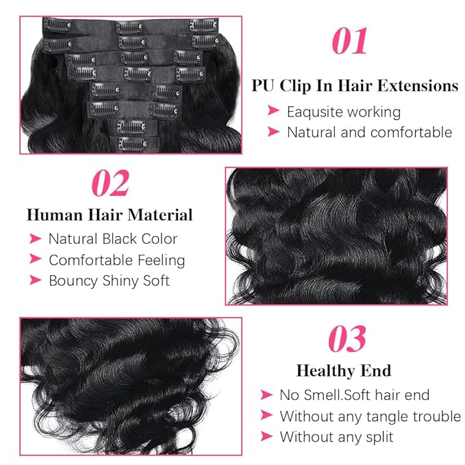 Seamless Body Wave Seamless Clip In Hair Extensions Real Human Hair PU Weft Body Clip Ins 100% Unprocessed Human Hair Extensions 8pcs with 18Clips Per Set 120g(14inch)
