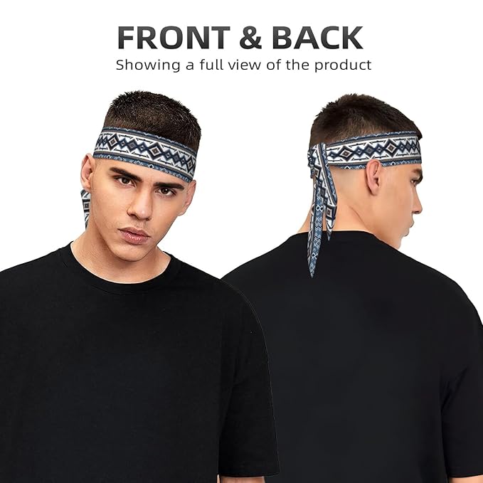 Men's Women Fashion Sports Sweatband Hand Decor for Running Fitness Spa, Long Multifunction Colorful Surf Blue Tribal Navajo Aztec Geometric Ethnic Pattern Head Ribbon Headwear
