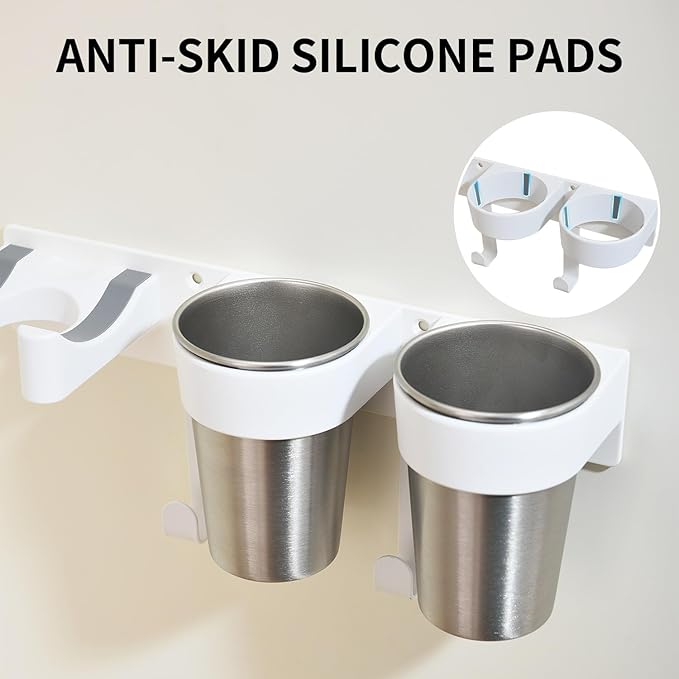 Hot Tools Organizer, Hair Tool Organizer Wall Mount Aluminum Alloy, Space-Saving Curling Iron Holder for Vanity & Bathroom with Stainless Steel Cups White