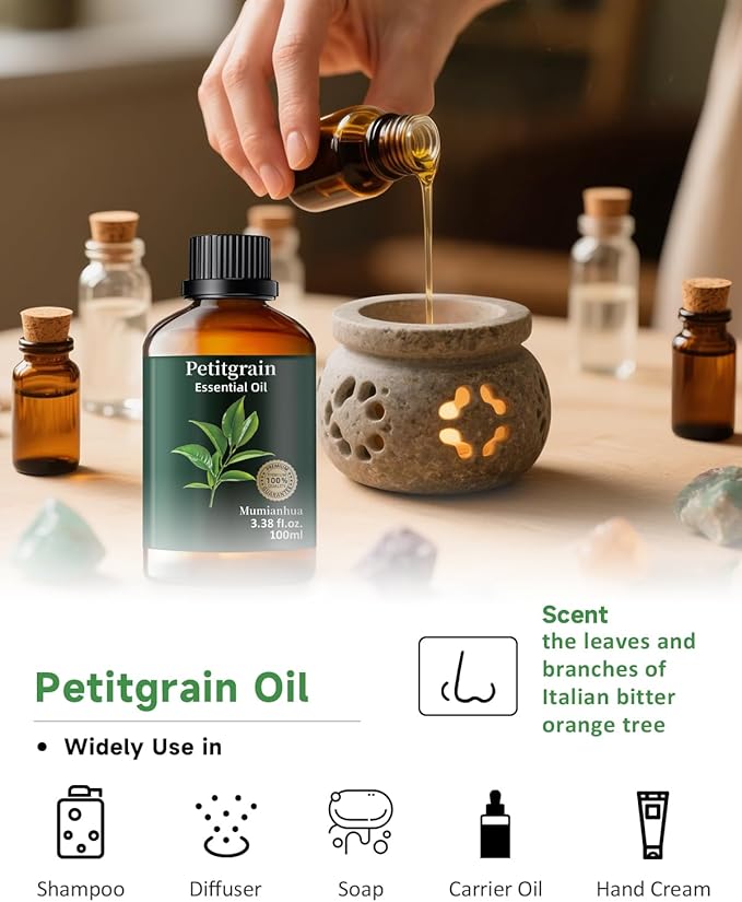 Pure Petitgrain Essential Oil for Bedtime Serenity, Evening Relaxation & Pillow Mist, Mumianhua Natural Citrus-Woody Aroma for Diffuser, Skin,Hair Care, Calming Blends, Soap, Candle Making 3.38 Fl Oz