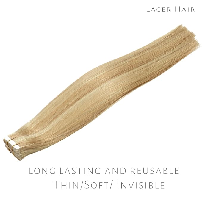 Lacer Tape Ins Human Hair Extensions Golden Blonde to Platinum Blonde 16 Inch 100G 40Pcs Hair Extensions Tape in Seamless Straight Real Remy Human Hair Tape Ins
