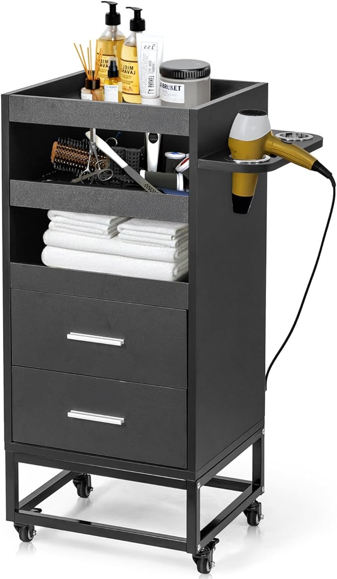 Winado Beauty Salon Trolley Cart, Rolling Hair Cart with Lockable Wheels, 2 Drawers, 3 Tool Holders, Mobile Makeup Organizer Station Cabinet for Hair Stylist Beauty Spa Barbershop, Black