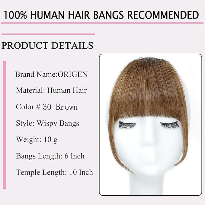 ORIGEN Clip in Bangs Real Human Hair Clip on Wispy Bangs Fringe with Temples Hairpieces Fake Front Bangs Extensions for Women Light Brown Color