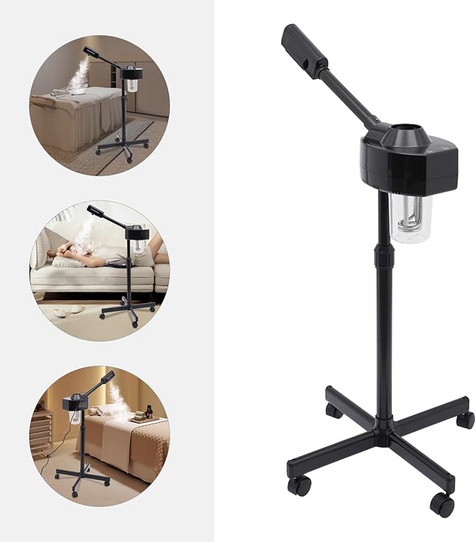 Professional Facial Steamer, 800W Black Skin Care Equipment w/Wheels, 600ml Large Capacity Face Steamer Machine for Beauty Salon, 360°Rotating Head Hot Mist Steamer for Oily Dry Neutral Skin