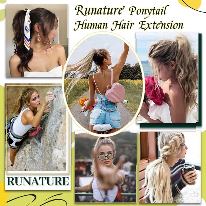 RUNATURE Ponytail Extension Real Human Hair, Platinum Blonde Ponytail with Magic Paste, Easy to Install, Soft Natural Human Hair Ponytail for Women, Thick Ends 12 Inch 70g #800