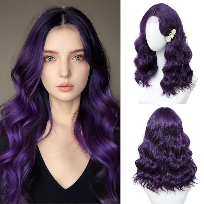 Purple Wig for Women, 18 Inch Middle Part Wavy Curly Wigs Synthetic Heat Resistant Soft deep wave Wig for Women Daily Use (Purple, 18 Inch)