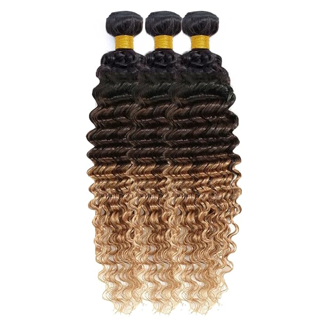 Ombre Human Hair Bundles 1B427 Deep Wave Bundles Niegmeag Virgin Remy Hair 3 Bundles 26 28 30 Inch Double Weft 3 Tone Brown and Honey Blonde Deep Wave Bundle
