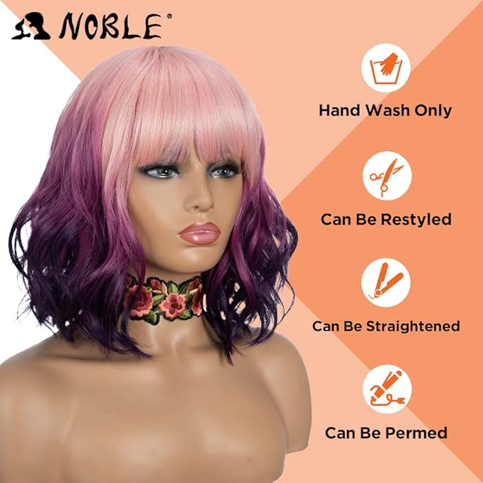 NOBLE Colourful Short Bob Wigs with Bangs for Women 3 Tone Ombre Pink root to Purple Color Short Wavy Bob Hair Wig Shoulder Length Synthetic Heat Resistant Bob Wigs
