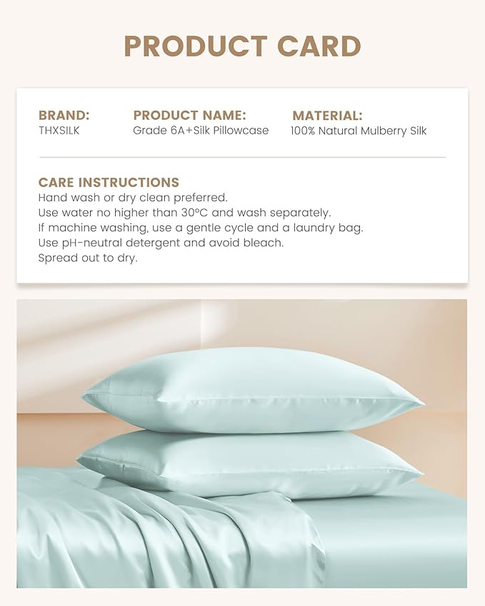 THXSILK Set of 2 100% Mulberry Silk Pillowcase for Hair and Skin, Grade 6A+ Mulberry Silk Pillow Cases Ultra-Soft, Hypoallergenic Pillow Case Cover with Zipper (Queen 20"x30", Light Blue)