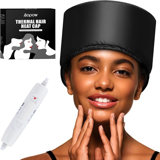 Heated Electric Thermal Steamer Cap for Natural Black Afro Hair - Hot Spa Treatment Hat with Temperature Control for Deep Conditioning at Home - Black