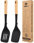 Pack of 2 Large Silicone Spatula, Heat Resistant Solid Turner, Non Stick Slotted Spatulas with Wooden Handle, Ideal Kitchen Utensils for Flipping, Pancakes, Eggs, Fish(BLACK)