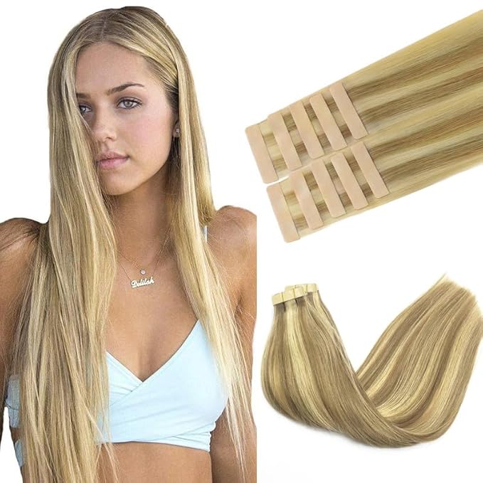 GOO GOO Tape in Hair Extensions Human Hair, 16/22 Light Blonde Highlighted Golden Blonde, 24inch 30g 10pcs, Skin Weft Seamless Invisible, Silky Straight with Thick Ends, Remy Human Hair