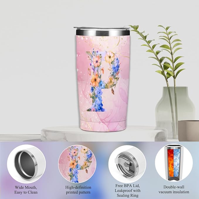 Personalized Gifts Monogrammed Birthday Gifts for Women, Mommy, Female Going Away Christmas, Initial 20 oz Tumbler, Makeup Cosmetic Bag Cup Pens Journal Notebook 6 Set, (Aesthetic Pink Flower P)