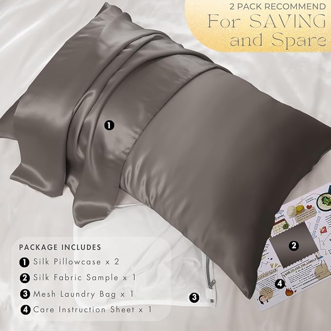 PROMEED 100% Silk Pillowcase 2 Pack with Zipper, Both Sides Premium Mulberry Silk Pillow Cases Set of 2 for Hair and Skin, Anti BedHead, Anti Frizz (Standard 20"x26", Grey)