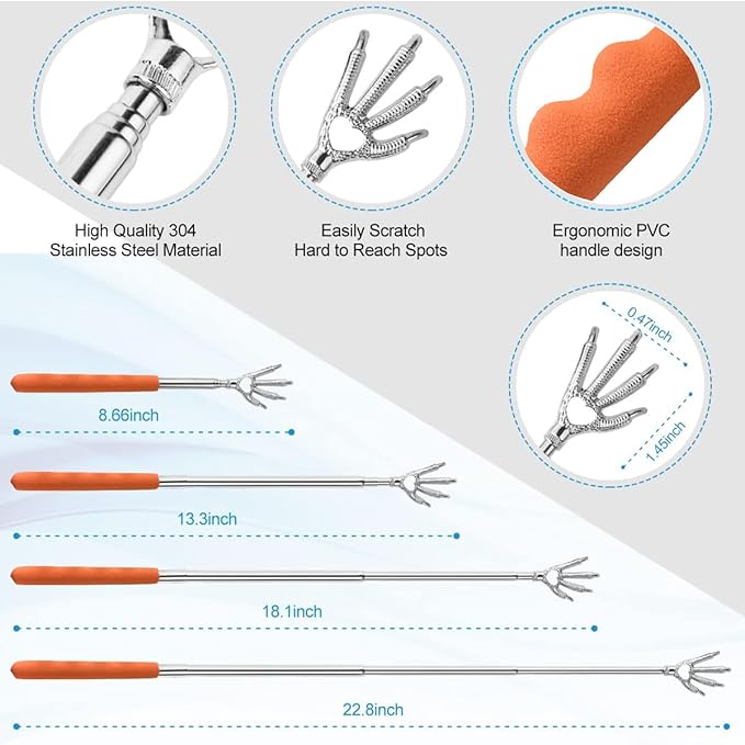 4 Pack Different Style Back Scratcher Metal Portable Telescoping Back scratchers, Extendable Back Massager Tool with Beautiful Box, Stocking Stuffers Gift for Men Women（Orange）