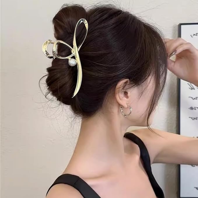 Metal Hair Clips Gold Bow Hair Claw Clips with Pearl Large Bow Claw Clip Strong Hold Nonslip Hair Jaw Clip for Thin Thick Hair Stylish Hair Accessories for Women