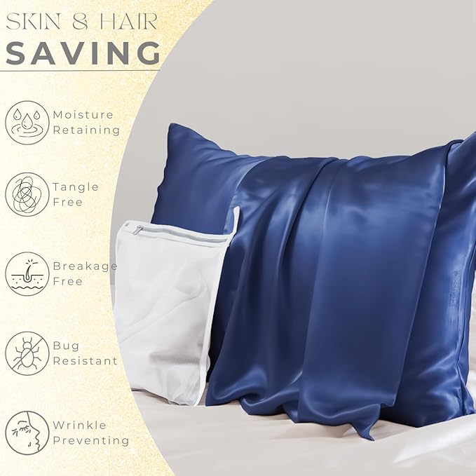 PROMEED 23 Momme Silk Pillowcase 2 Pack Toddler/Travel Size with Free Laundry Bag, Highest Grade 6A+ 100% Mulberry Silk Pillow Case Set of 2, Zipper (Toddler/Travel 13"x18", Navy)