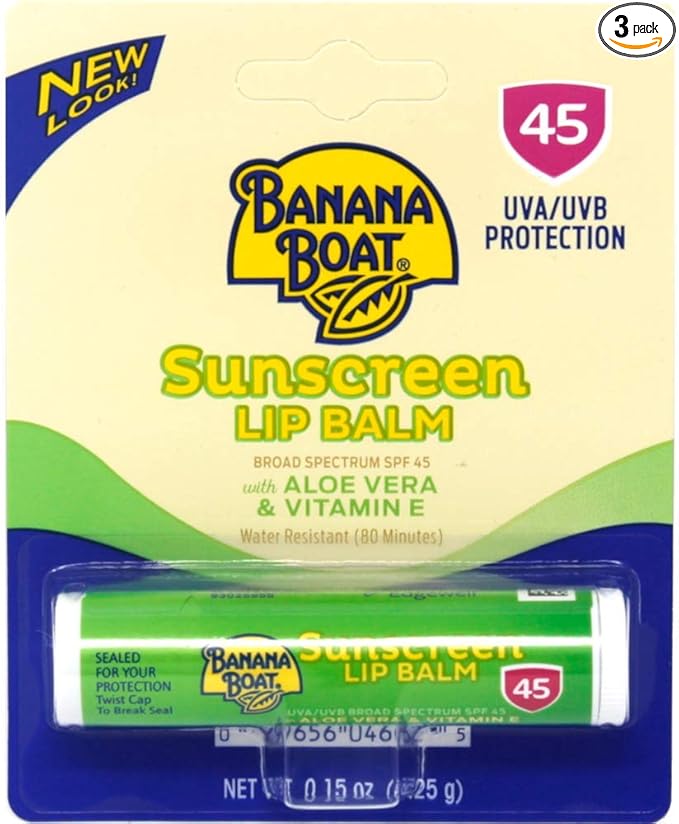 Banana Boat Aloe Vera with Vitamin E Sunscreen Lip Balm, SPF 45, 0.15 Ounces each (Value Pack of 3)
