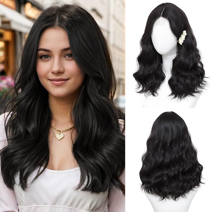 Dark Brown Wig for Women, 18 Inch Middle Part Wavy Curly Wigs Synthetic Heat Resistant Soft deep wave Wig for Women Daily Use (Dark Brown, 18 Inch)