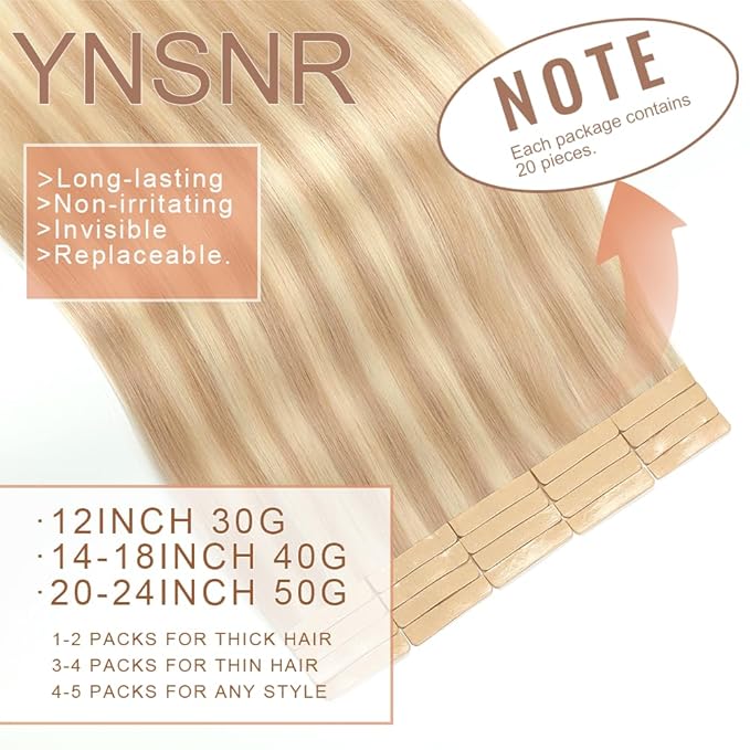 Human Hair Tape in Extensions Brownish Brown to Brownish Yellow 20 Inch Invisible Tape in Hair Extensions Human Hair for Women Hair Extensions Real Human Hair Tape in