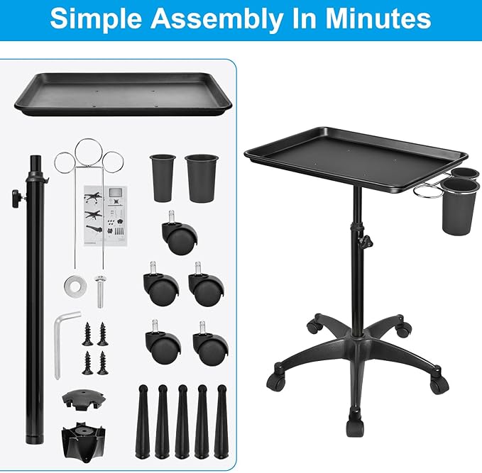 JOSTZHXIN Salon Rolling Tray, Tattoo Tray Rolling Cart, Height Adjustable Styling Tray, Service Storage Tray Trolley for Beauty Salon Clinic Spa,Black-with Cup Holder