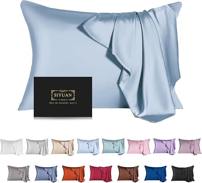 Mulberry Silk Pillowcase for Hair and Skin,Cooling Silk Pillow Case with Hidden Zipper,Allergen Proof Dual Sides Soft Breathable Smooth Silk Pillow Cover for Women (Light Blue,Queen)